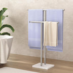 ELYKEN Standing Towel Racks for Bathroom, 2-Tier Floor Towel Holder Stand with Weighted Marble Base, Freestanding Bath Towel Rack, Width Adjustable & Stainless Steel Brushed Finish