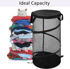 BATTOO Collapsible Laundry Basket with Lid Foldable Mesh Pop Up Hamper with Handles for Laundry Room, Bathroom, Kids Room, College Dorm, Travel, Storage Organizer Black