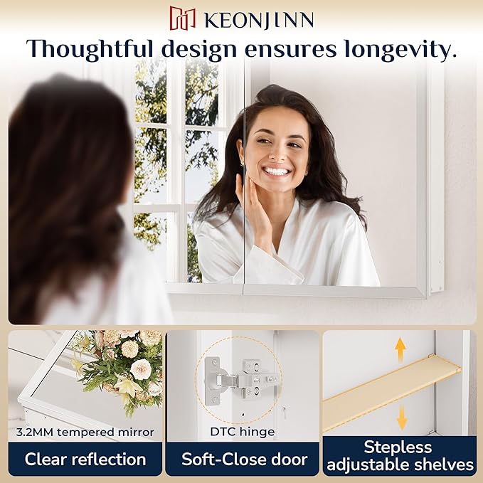 Keonjinn White Medicine Cabinet Mirror 24" x 32", Assembly Needed, Recessed Medicine Cabinet with Mirror for Bathroom, Beveled Framed, Surface Wall-Mounted or Recessed, Tempered Glass