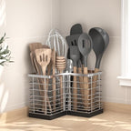 Suli Extra Large Kitchen Utensil Holder with 3 Compartments，Silvery Metal Corner Kitchen Caddy for Countertop，Farmhouse Rustic Cooking Storage-Silvery