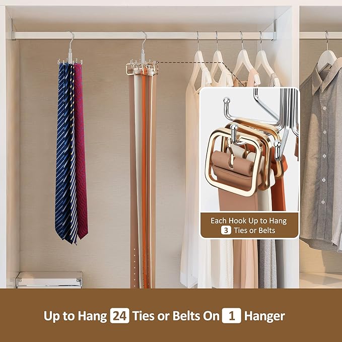 ZEDODIER Tie Hanger for Closet, Rotatable Tie Organizer for Men with 8 Hooks, Heavy Duty Space Saving Tie Rack for Ties and Belts, Silver