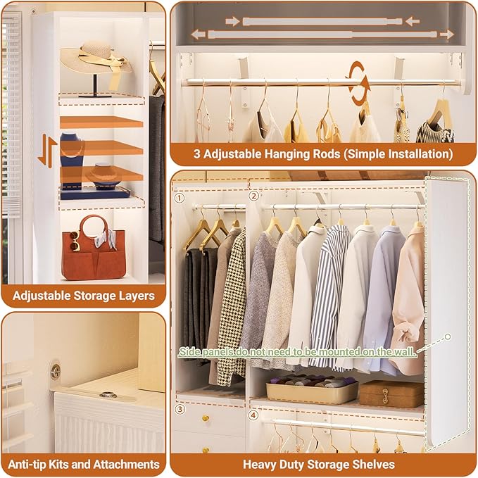 5FT Small Closet System with Drawers, 60" Closet Organizer System with Reversible Hanging Shelving, Closet Systems for Small/Walk-in Closets, White