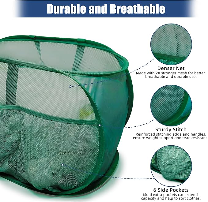 Collapsible Laundry Baskets, Upgrade Pop Up Laundry Hamper with Convenient Bags, Foldable Laundry Basket Mesh Light Weight, Easy to Carry Clothes Hampers for Laundry, Dorm, Toys, Travel Green