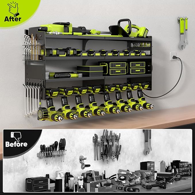 Large Power Tool Organizer Wall Mount with Charging Station,4 Layer Heavy Duty Metal Tool Storage Rack Loads 600lbs with 8 Cordless Drill Holder,Battery Utility Rack Loads with 4 Power Strip