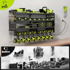 Large Power Tool Organizer Wall Mount with Charging Station,4 Layer Heavy Duty Metal Tool Storage Rack Loads 600lbs with 8 Cordless Drill Holder,Battery Utility Rack Loads with 4 Power Strip