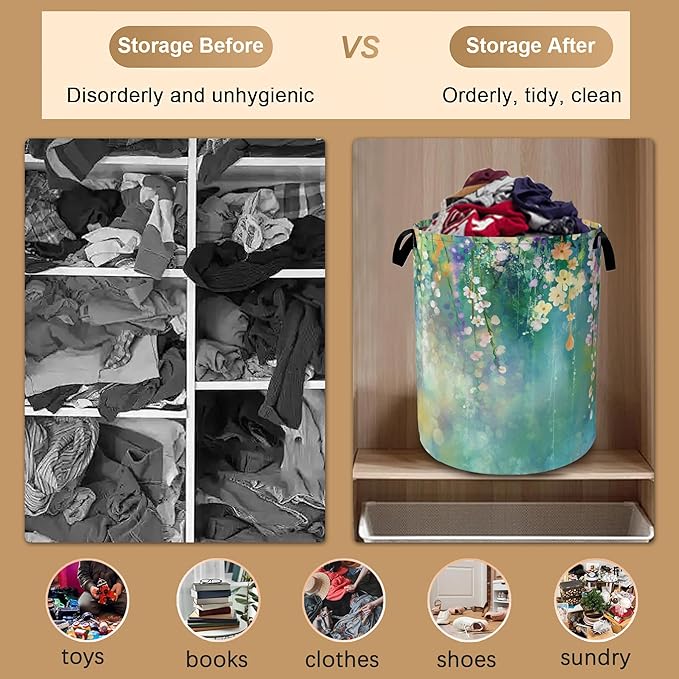 Abstract Flowers Laundry Basket,Spring Floral Collapsible Laundry Baskets with Handles,Waterproof Oxford Cloth Storage Basket 16"x20" for Bathroom/Bedroom/Dormitories
