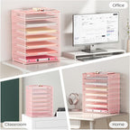 Lavatino 2 Pack 8-Tier Office Desk File Organizer, Letter Tray Paper Organizer with Handle, Including 5 Adjustable Slide Trays for Organizing Desk Workspace Accessories and Supplies (Pink Mesh)