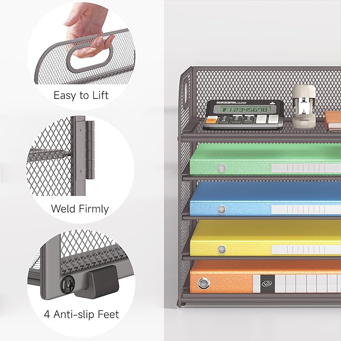 Lavatino 5 Tray Desk File Organizer, Mesh Paper Sorter Letter Tray Organizer with Handle, Desktop File Organizer and Storage for Letter/A4 Office File Folder- Grey