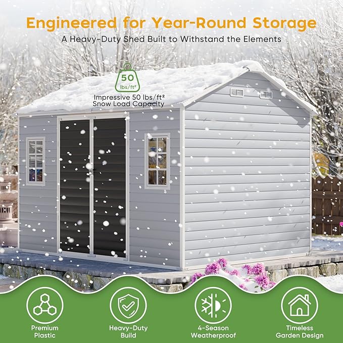 10x8 FT Resin Plastic Shed with Floor, Heavy-Duty 21-Gauge Reinforced Steel Frame, 16mm Ultra-Thick Panels, Outdoor Storage Sheds with Awning Windows and Air Vents