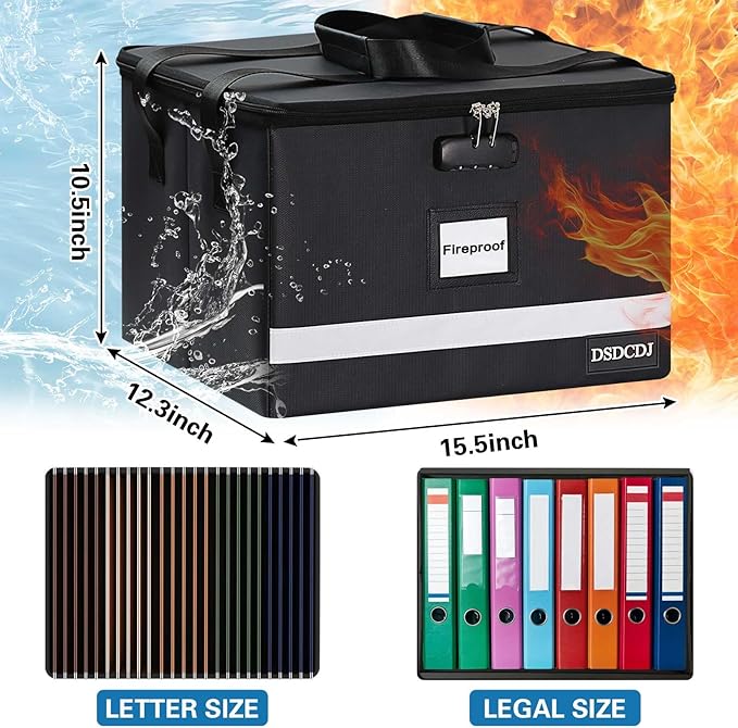 Fireproof File Box with Lock, Upgraded Fireproof Document Box with Reflective Strip, Portable File Organizer Filing Cabinet with Handle for Hanging Letter/Legal Folder, 15.5" x 12.3" x 10.5"