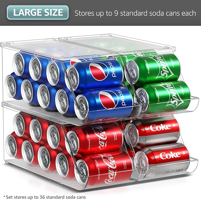 Sorbus Soda Can Organizer for Refrigerator - Stackable Can Holder Dispenser with Lid for Fridge, Pantry, Freezer – Holds 9 Cans Each, BPA-Free, Clear Design, Drink Organizer for Fridge (4-Pack)