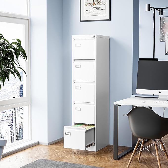 5 Drawer File Cabinet, Filing Cabinets for Home Office, Vertical File Cabinet with Lock, 61.6" H Locking File Cabinet for A4 Legal/Letter, Assembly Required (White)
