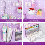 Comix Desk Organizer with 2 Drawer, Multifunctional Pen Holder for Desk, Desktop Organizer with Pegboard + Drawer + 5 Slots Pencil Holder for Office Home Art Supplies (Purple)