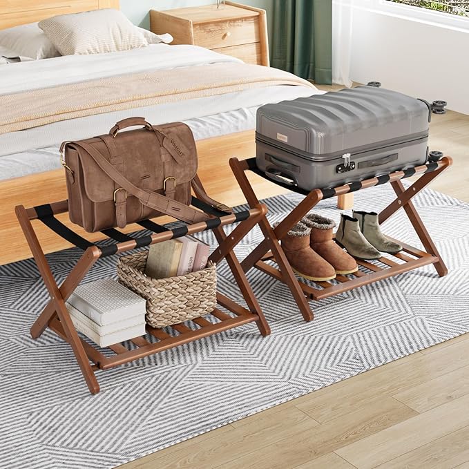 Smuxee Fully Assembled Walnut Luggage Racks Pack of 2, Upgraded Bamboo Foldable Suitcase Stand with 5 Nylon Straps, Luggage Holder with Shelf for Guest Room Bedroom Hotel