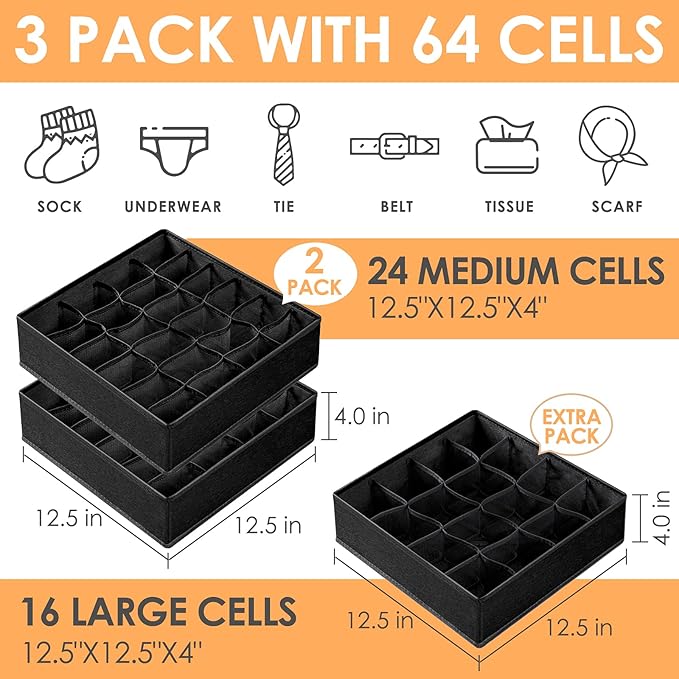 Criusia 3 Pack Sock Underwear Organizer Dividers, 64 Cell Fabric Foldable Cabinet Closet Organizers and Storage Boxes for Storing Socks, Underwear, Ties (16+24+24 Cell, Black)