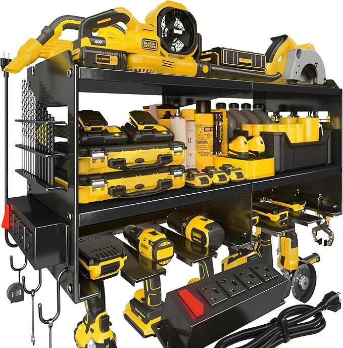 Power Tool Organizer Wall Mount with Charging Station, 3 Layer Heavy Duty Metal Tool Storage Rack Loads 420lbs with 6 Cordless Drill Holder, Idea Gifts for Men, Garage Workshop