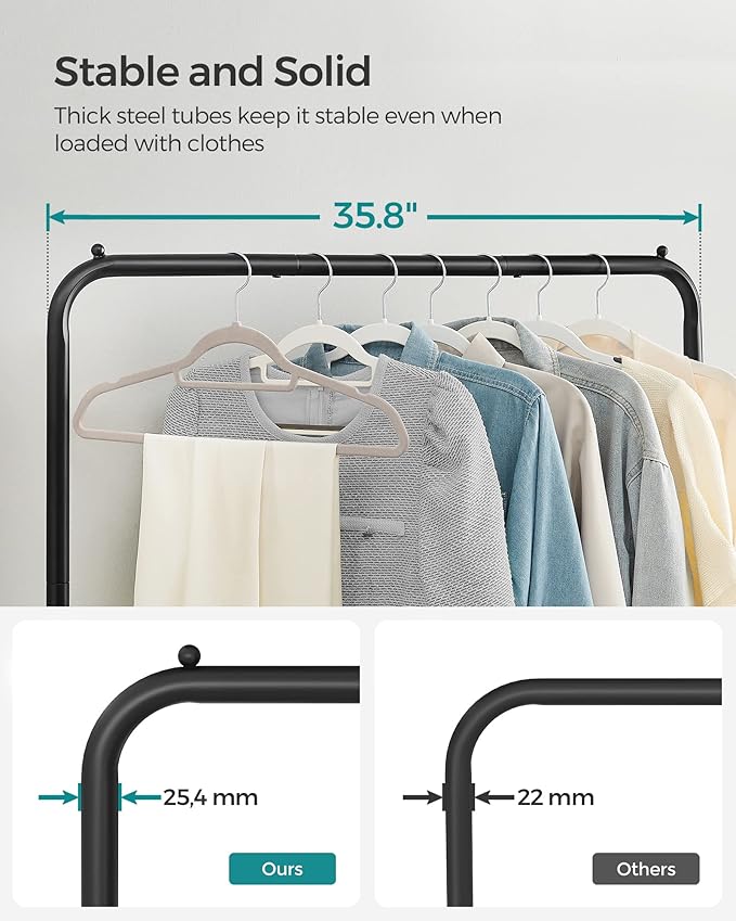 SONGMICS Clothes Rack with Wheels, Clothing Rack for Hanging Clothes, 25.4 mm Metal Garment Rack with Dense Mesh Storage Shelf, 110 lb Load Capacity, 2 Brakes, Black UHSR25BK