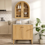 Modern Arched Wall Cabinet, Large Bathroom Medicine Wall Mounted Cupboard, Farmhouse Floating Storage Cabinet with Acrylic Door Adjustable Shelf, Wood Organizer (Natural Oak)