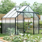 Double Sliding Door Polycarbonate Greenhouse with Rain Gutter and Roof Vent, Raised Base and Anchor Aluminum Heavy Duty Walk-in Green House, Outdoor Patio Sunroom (Black, 73.75*94.5*89.5in)