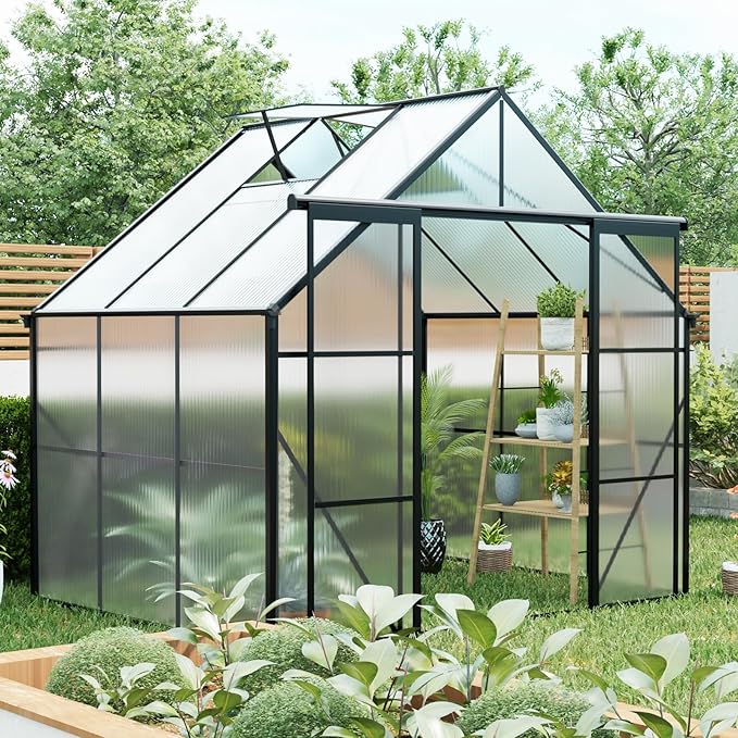 Double Sliding Door Polycarbonate Greenhouse with Rain Gutter and Roof Vent, Raised Base and Anchor Aluminum Heavy Duty Walk-in Green House, Outdoor Patio Sunroom (Black, 73.75*94.5*89.5in)