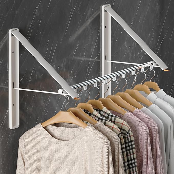 Dr.DJ Clothes Drying Rack with Rod, Wall-Mounted Retractable & Foldable Clothes Hanger for Laundry Room Organization and Storage, Metal Clothes Hanger Rack for Dorm, Closet, Balcony 2Rack,1Rod White