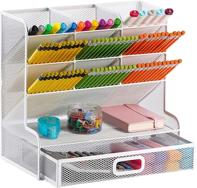 Marbrasse Mesh Desk Organizer - Multi-Functional Pen Holder with Drawer, Desktop Stationary Storage Rack for School, Home, Office, Art Supplies (White Mesh)