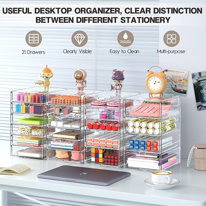 Acrylic Drawer Organizers - 21 Drawers 4 Set - Clear Storage Drawers for Office Supplies - Stackable Makeup Organizer - Dustproof Desk Organizers for Makeup, Jewelry, Pen, Stationary