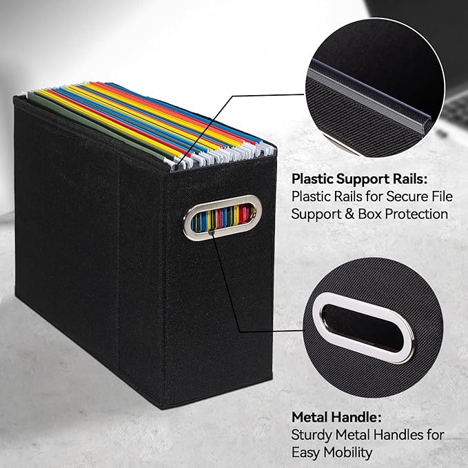 6 Packs Letter Size File Organizer, File Folders Organizer, Fabric Storage Box, Collapsible Paper Organizer with Metal Handle, Smooth PVC Rails, Only Box (Black)