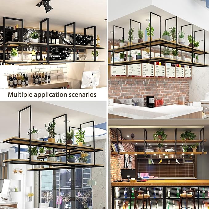 2-Tier Hanging Plant Shelves & Flower Pot Stand, Ceiling-Mounted Storage Rack, Floating Kitchen Organizer, Decorative Display Shelves & Wine Holder (110x30x80cm)
