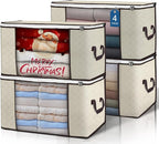 90 L Large Storage Bags, 4 Pack Clothes Storage Bins Foldable Closet Organizers Storage Containers with Reinforced Handle for Clothing, Blanket, Comforters, Bed Sheets, Pillows and Toys (Beige)