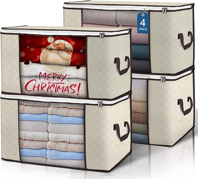 90 L Large Storage Bags, 4 Pack Clothes Storage Bins Foldable Closet Organizers Storage Containers with Reinforced Handle for Clothing, Blanket, Comforters, Bed Sheets, Pillows and Toys (Beige)