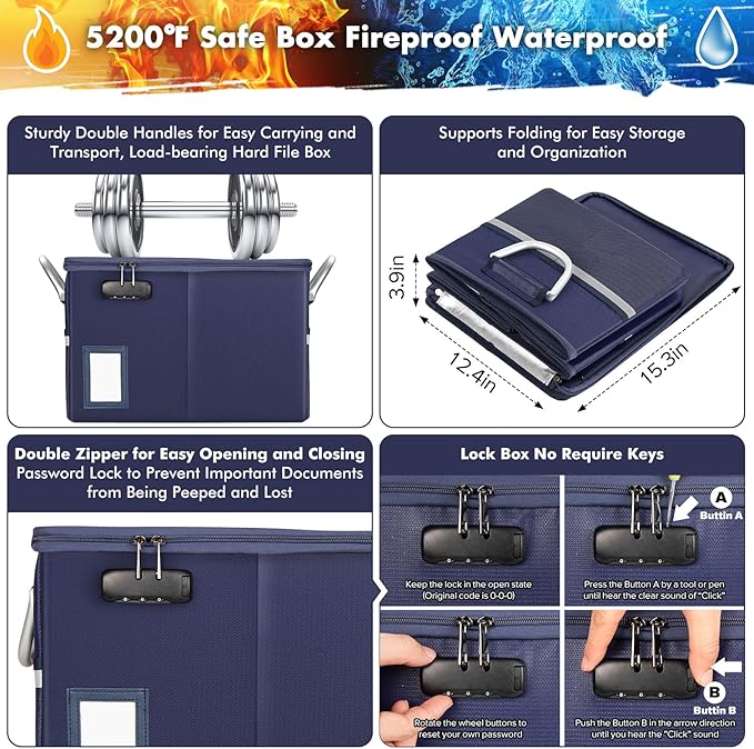TOMKID 5200°F Fireproof Document Box, Fire Important Document Organizer with Lock, Upgraded Heat Insulated Filing Storage Cabinet Office Organization (5200°F Fireproof Box, Blue)