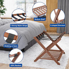 Smuxee Fully Assembled Walnut Luggage Racks Pack of 2, Upgraded Bamboo Foldable Suitcase Stand with 5 Nylon Straps, Luggage Holder with Shelf for Guest Room Bedroom Hotel