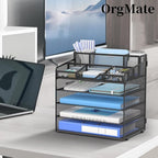 5 Tier Mesh Desk Organizer,Multi Functional Letter Paper Tray with 3 Pen Holders and 5 Adjustable Storage Compartments for Office Supplies Files and Mail Space Saving Desktop Organizer-Black