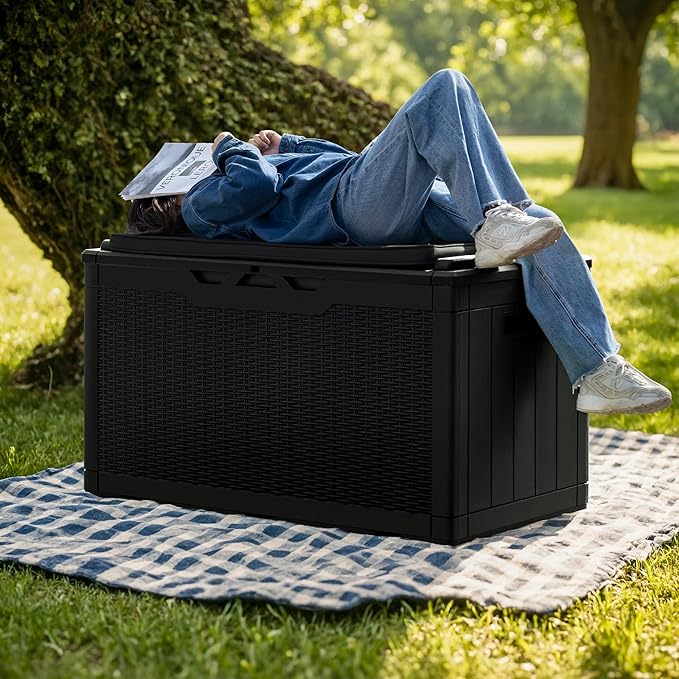Greesum 100 Gallon Resin Deck Box Large Outdoor Storage with Cushions for Patio Furniture, Garden Tools, Pool Supplies, Weatherproof and UV Resistant, Lockable, Black