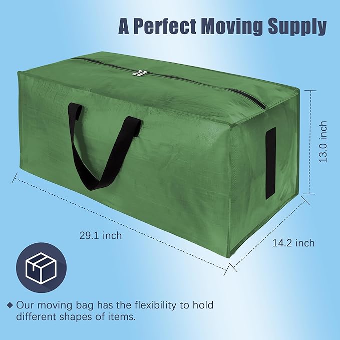 12 Pack Large Strong Moving Bags with Zippers & Carrying Handles - Water-Resistant - Heavy Duty Storage Tote for Space Saving, Fold Flat, Alternative to Moving Box (Olive Green)