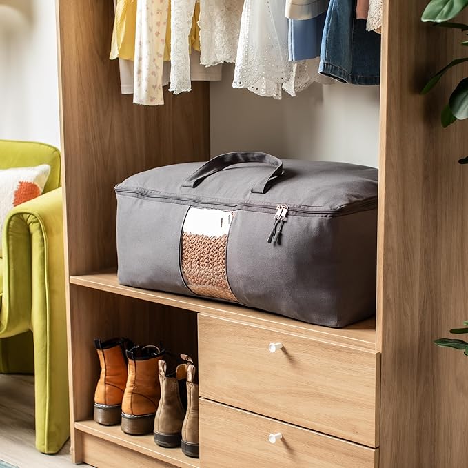 Soft Canvas Storage Bags with Zipper. Thick Breathable, 1pc King/Queen Comforter Organizer. Four Carrying Handles and Window. Large 25x19x9in Bag for Sheets Blankets Bedding Pillows, Clothes (Grey)