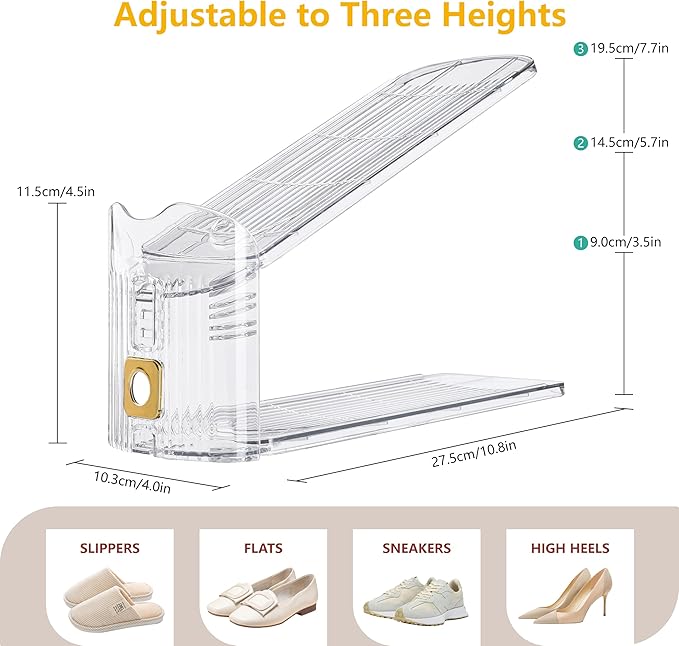Clear Shoe Slots Organizer for Closet, 24-Pack Adjustable Shoe Stacker & Space-Saving Shoe Storage for a Variety of Spaces, Double Deck Organizer (Transparent Gold)