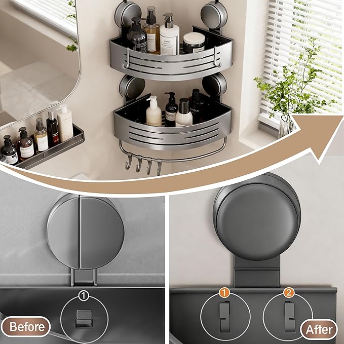 Corner Shower Caddy Bathroom Organizer,2-Packed Gray No-Drilling Aluminum Suction Cup Corner Shower Shelf with Towel Bar and Hooks,Moder Wall Shower Organizer and Storage Decor