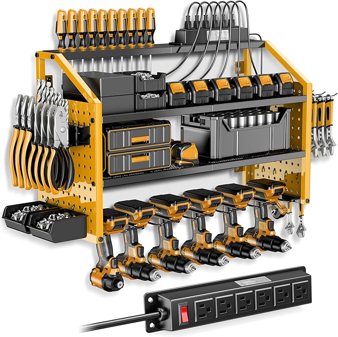 LBT Power Tool Organizer With Charging Station,Patented,Heavy Duty Steel,6 Drilling Rig Sizes With Hooks And Screw Boxes,6 sockets,Easy To Install Garage Storage Rack,Great Gift For Men, Yellow