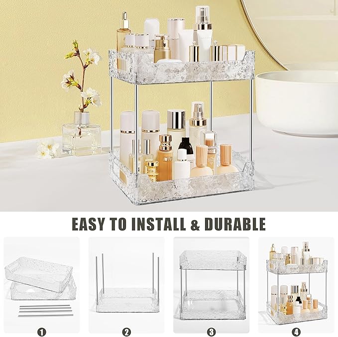 2-Tier Bathroom Counter Organizer Countertop Storage, Dresser Organizer Vanity Tray for Makeup, Perfume Organizer Cosmetics Skincare Shelf - Clear