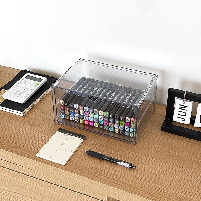 Clear Desk Organizers and Accessories, 2 Pack Plastic Drawer Organizer for Office Supplies, Marker Pen, Art Crafts, Stationery, Coffee Pods, Stackable Home Storage (2 Drawers)