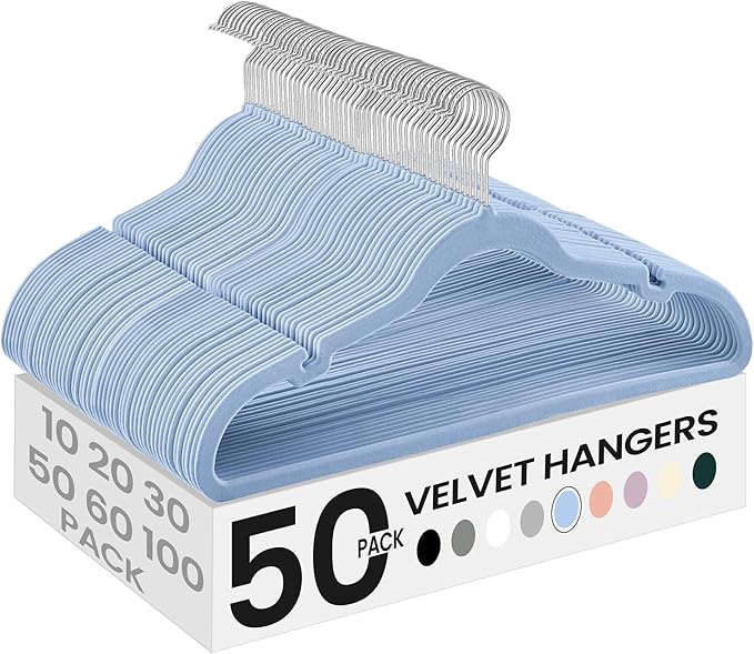 SONGMICS Velvet Hangers 50 Pack, Non-Slip Clothes Hangers, Suit Hangers with Shoulder Notches, Pants Bar, 360° Swivel Hook, Space-Saving, for Closet, Pale Blue UCRF029Q05