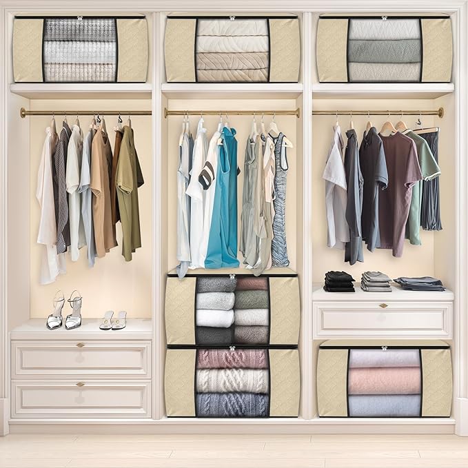 Fab totes 8 Pack Clothes Storage, Foldable Thick Fabric Blanket Storage Bags, Containers for Organizing Bedroom, Closet, Clothing, Comforter, Organization with Handle,Beige