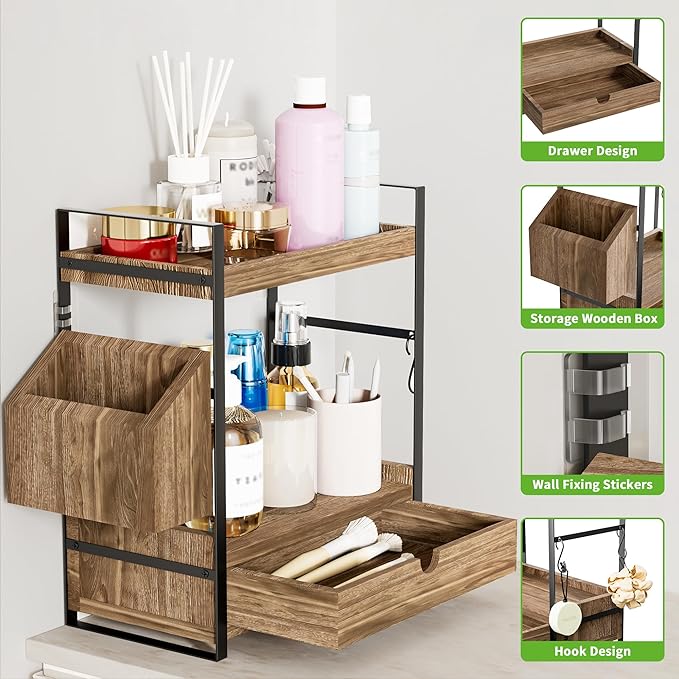2-Tier Bathroom Counter Organizer with Drawer and Basket, Wood Countertop Organizer for Storage, Skincare Organizers for Vanity, Counter Shelf for Bathroom Organization(Dark Brown)
