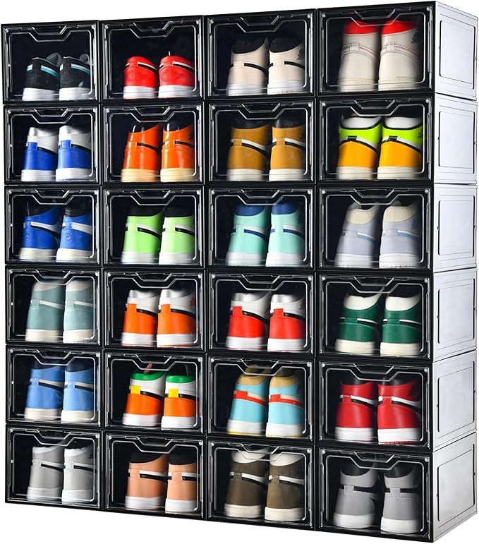 12 Pack Shoe Boxes Organizer, Magnetic Door Shoe Storage Boxes, Clear Sneaker Storage Box for Women/Men, Fit up to US Size 12