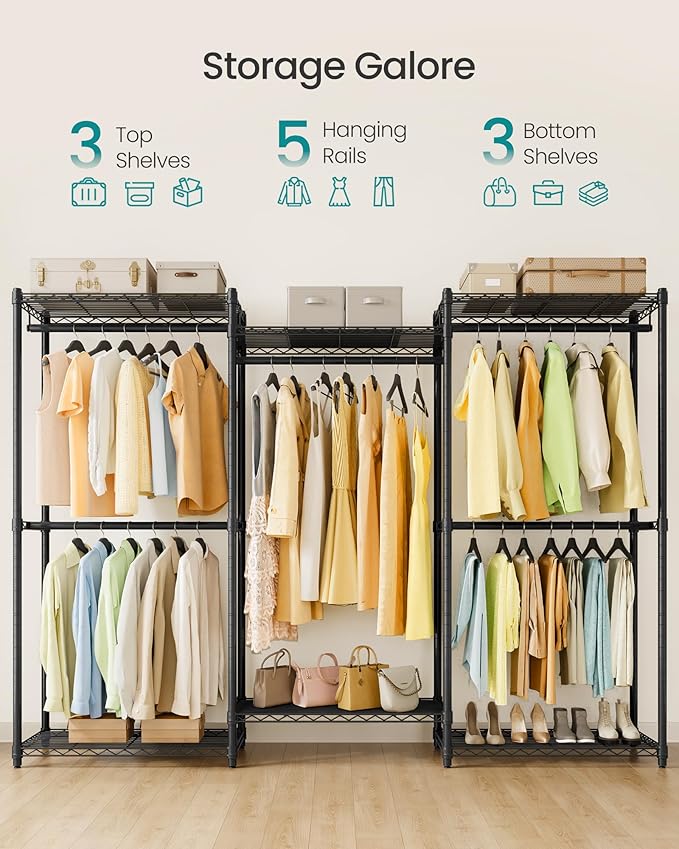SONGMICS Heavy-Duty Clothes Rack, Garment Rack, Portable Closet, 86.4-Inch Wide Clothing Rack with Adjustable Mesh Shelves and Hanging Rails, Ink Black ULGR434B01