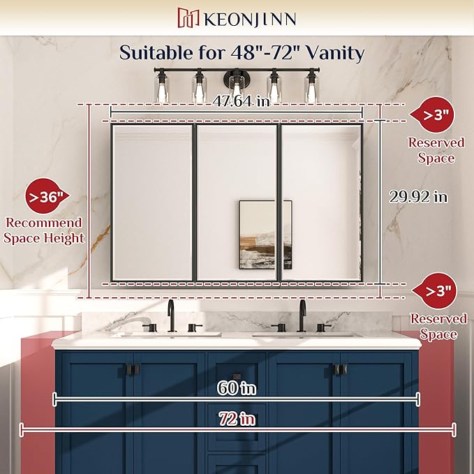 Keonjinn 48” x 30” Medicine Cabinets with Mirror for Bathroom Recessed or Surface Wall-Mounted Aluminum Alloy Framed Beveled Mirror with Soft Close Hinge, 3 Doors Silver Storage Cabinet