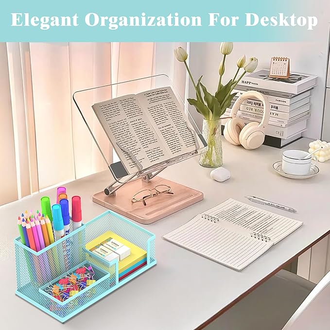 SUPEASY Mesh Pen Holder Desk Organizer, Office Supplies Pencil Storage with 3 Compartments, Office Desk Accessories and Workspace Organizers for Home School, Blue