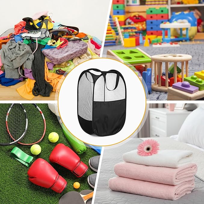 9Pcs Mesh Hamper Pop up Hampers for Laundry Foldable Laundry Basket with Sturdy Handles (Black/White/Blue) Dirty Clothes Baskets for Bedroom College Dorm Travel Storage